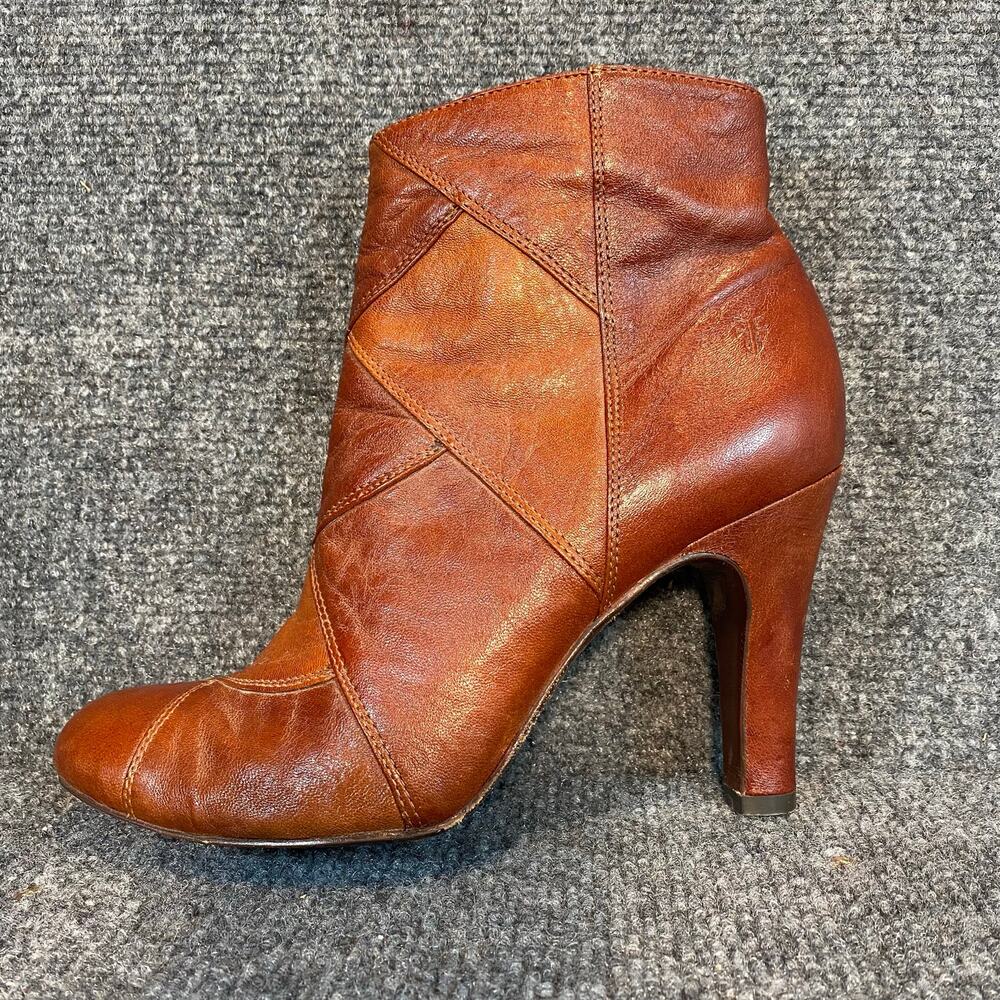 Frye Ava Patchwork Leather Ankle Boots Cognac Brown High Heel Shooties Women 8.5